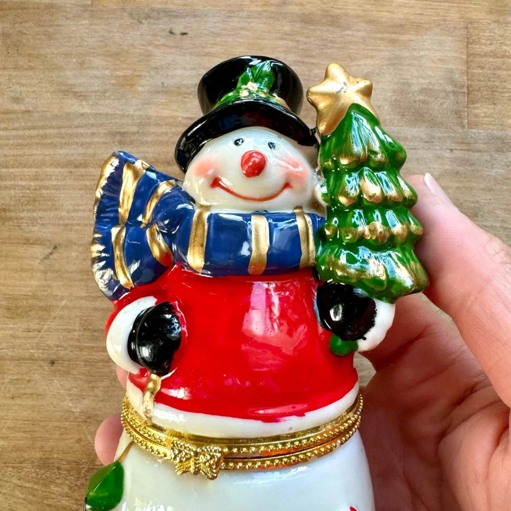 Vintage Ceramic Glazed Snowman Jewelry Trinket Box